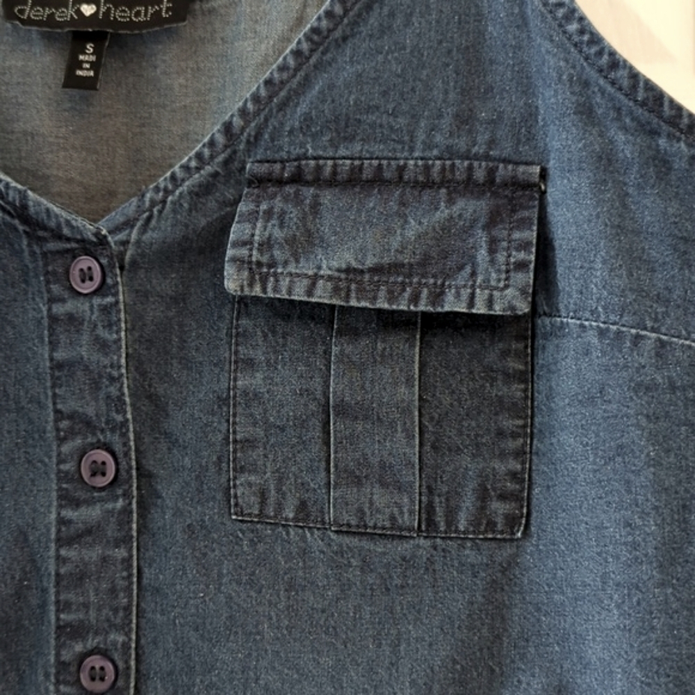 Derek Heart Denim Top Drawstring Tie Waist Button Up Size Small - Picture 4 of 12